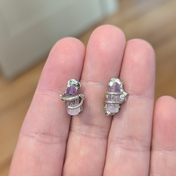 Fairycore Amethyst Sterling Silver Earrings Crystal Raw Cut Stud Boho Handmade - Picture 10 of 10